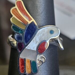 NEW Multi Inlaid Gemstones Hummingbird 925 Silver Ring